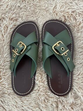 NWOT MARNI GREEN LEATHER GOLD BUCKLE SANDALS SZ 40